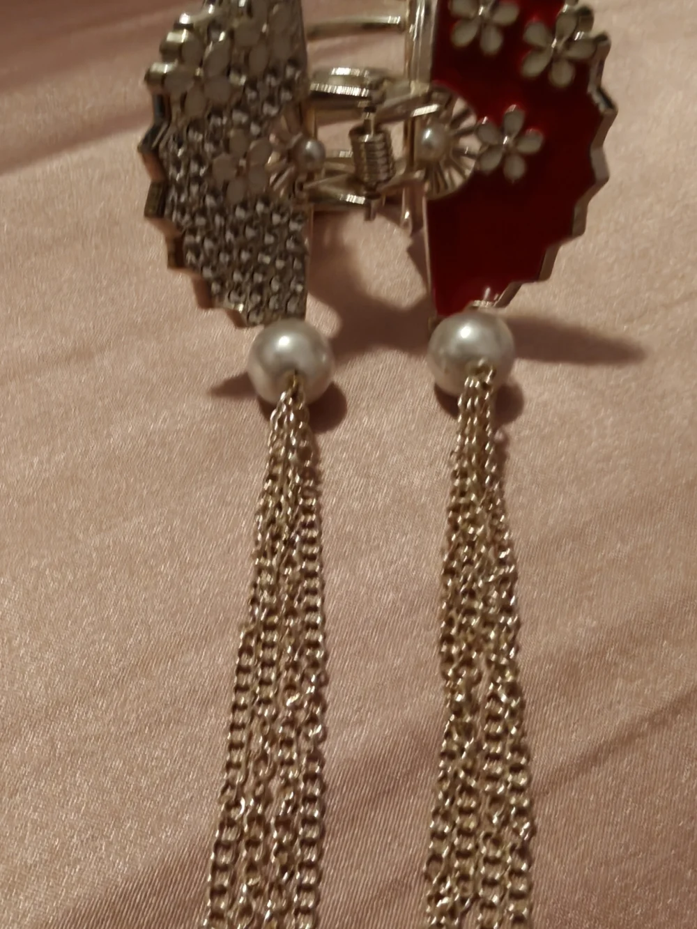 Gold Pearl Tassel Hair Clip with Red Enamel and Crystal Flower Accents - Picture 4 of 5